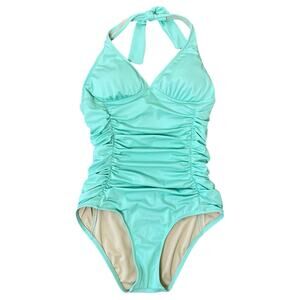 J.CREW Mint Teal Blue Ruched Halter Neck One Piece Swimsuit‎ Preppy Beachy Sz 2